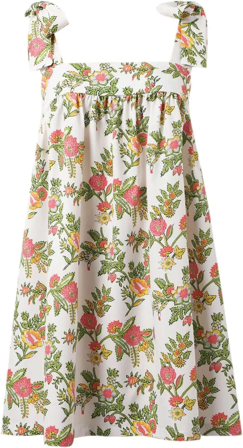 Women Y2K Tie Shoulder Mini Dress Square Neck Floral Ruffle Flowy Babydoll Dress Summer Bow Strap Boho Short Dresses