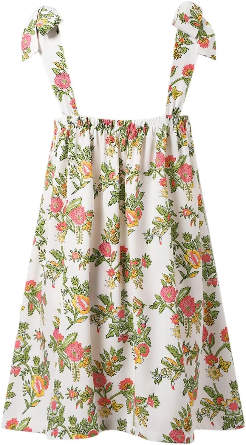 Women Y2K Tie Shoulder Mini Dress Square Neck Floral Ruffle Flowy Babydoll Dress Summer Bow Strap Boho Short Dresses