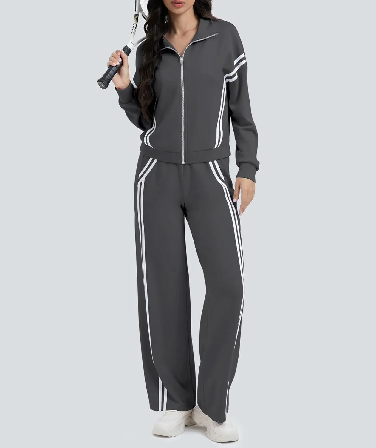 Women's 2 Piece Lounge Outfits Zip Up Sweat Set Contrast Striped Wide Leg Jogging Pants Travel Track Suit
