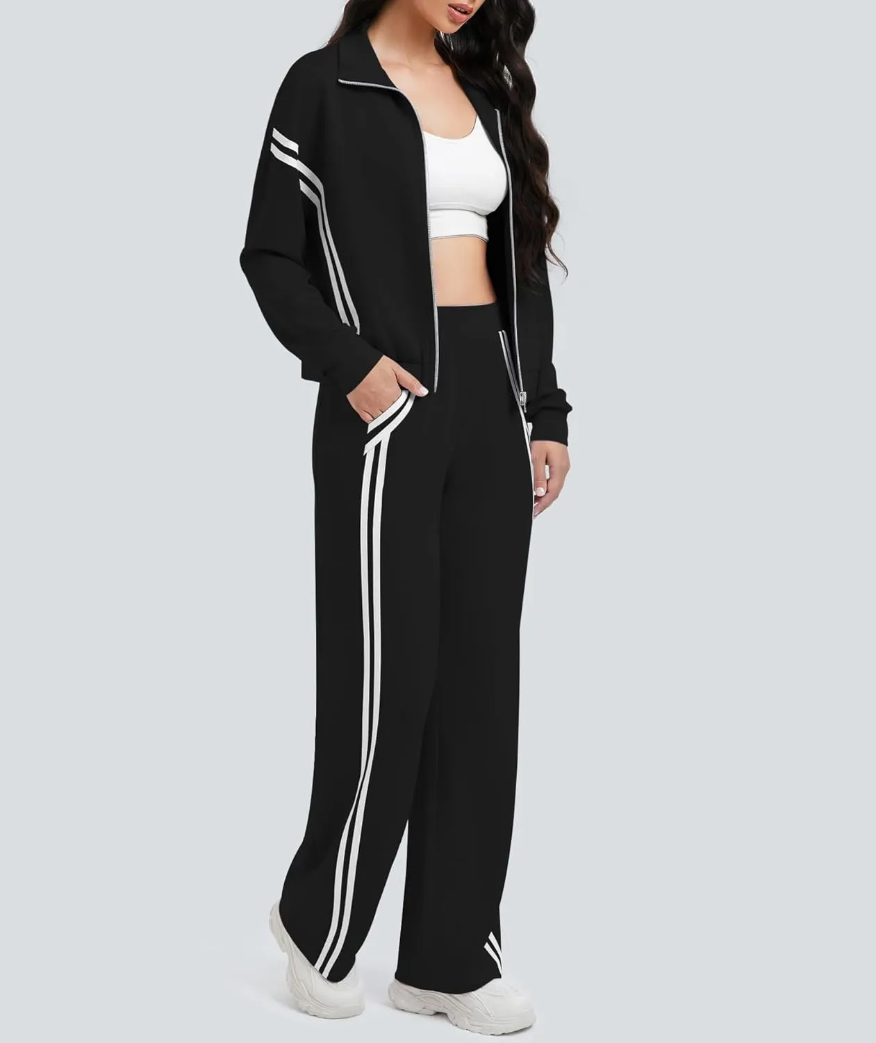 Women's 2 Piece Lounge Outfits Zip Up Sweat Set Contrast Striped Wide Leg Jogging Pants Travel Track Suit