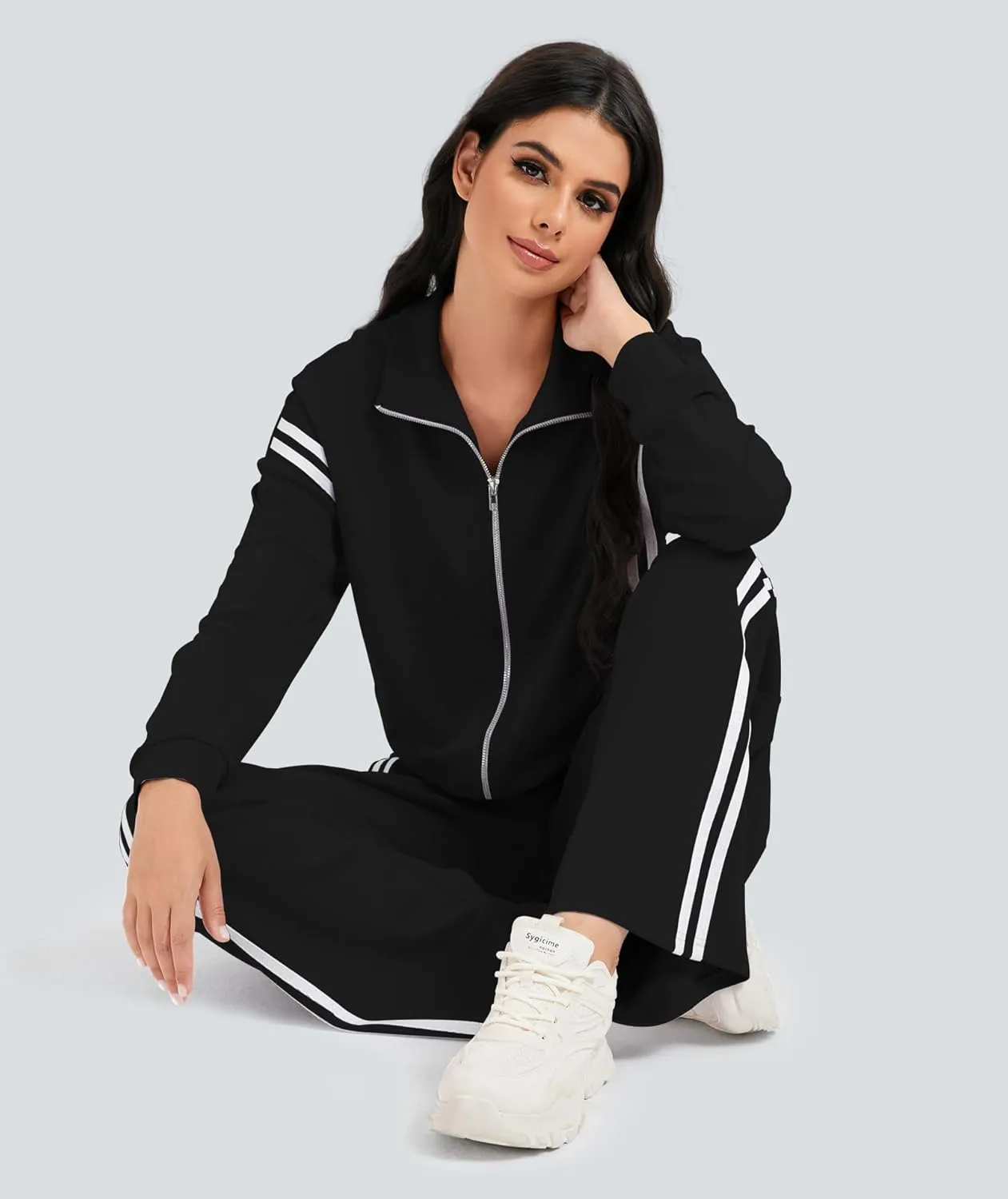 Women's 2 Piece Lounge Outfits Zip Up Sweat Set Contrast Striped Wide Leg Jogging Pants Travel Track Suit