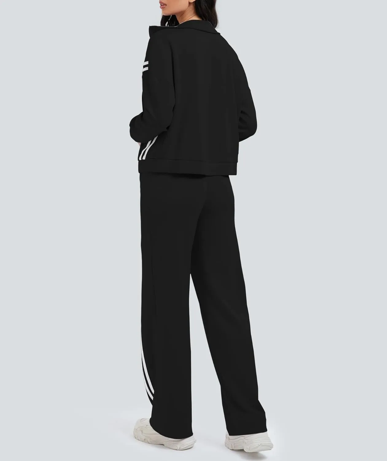 Women's 2 Piece Lounge Outfits Zip Up Sweat Set Contrast Striped Wide Leg Jogging Pants Travel Track Suit