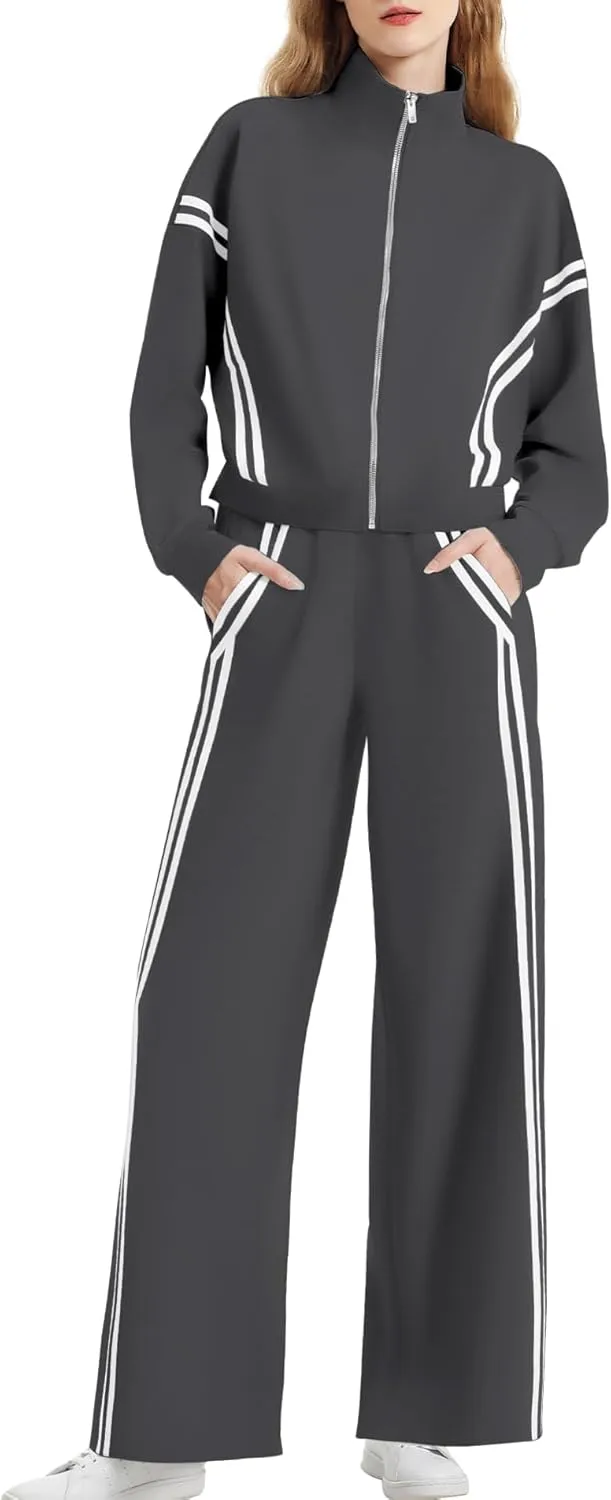 Women's 2 Piece Lounge Outfits Zip Up Sweat Set Contrast Striped Wide Leg Jogging Pants Travel Track Suit