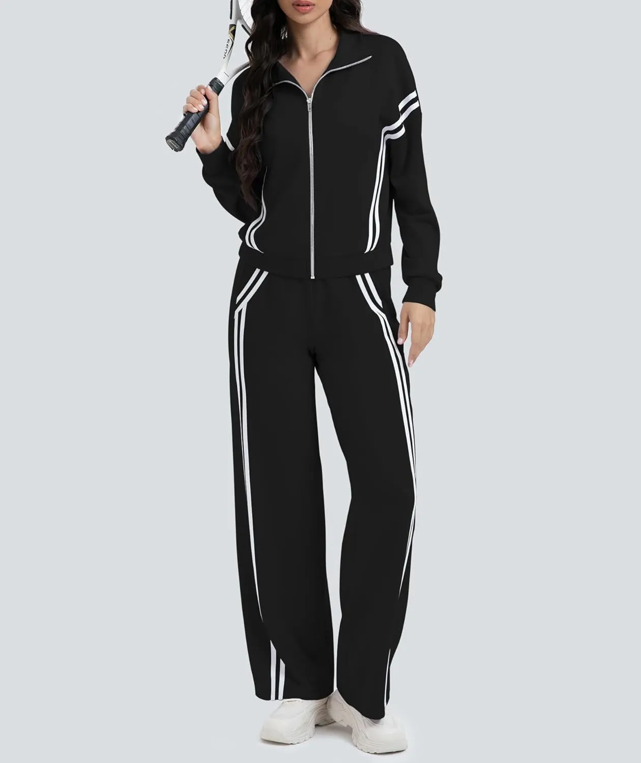 Women's 2 Piece Lounge Outfits Zip Up Sweat Set Contrast Striped Wide Leg Jogging Pants Travel Track Suit