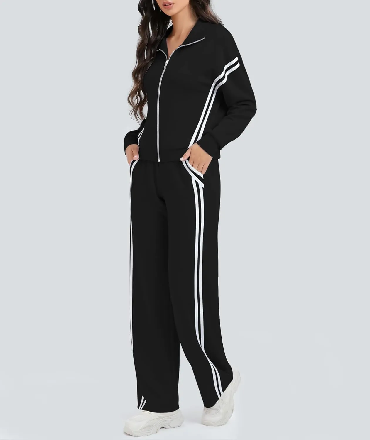 Women's 2 Piece Lounge Outfits Zip Up Sweat Set Contrast Striped Wide Leg Jogging Pants Travel Track Suit