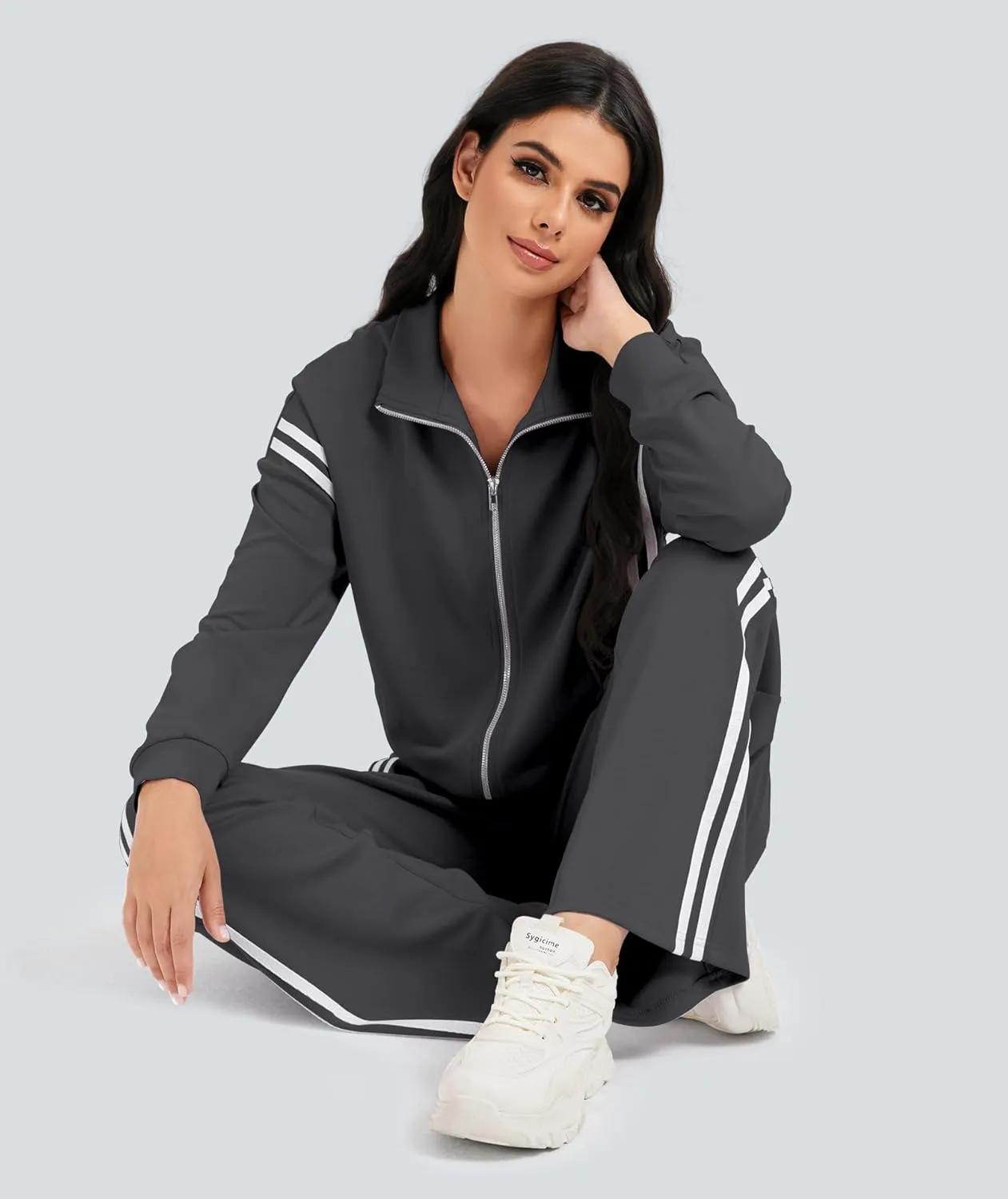 Women's 2 Piece Lounge Outfits Zip Up Sweat Set Contrast Striped Wide Leg Jogging Pants Travel Track Suit