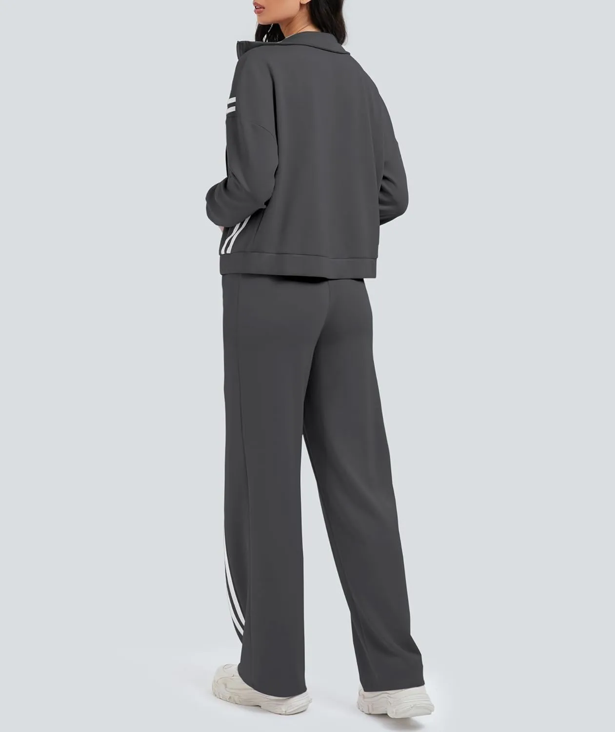 Women's 2 Piece Lounge Outfits Zip Up Sweat Set Contrast Striped Wide Leg Jogging Pants Travel Track Suit