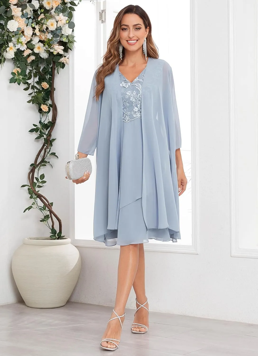 Women's 2 Piece Mother of The Bride Dresses for Wedding Chiffon Formal Evening Gown
