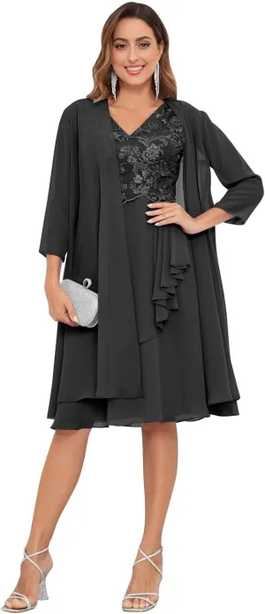 Women's 2 Piece Mother of The Bride Dresses for Wedding Chiffon Formal Evening Gown