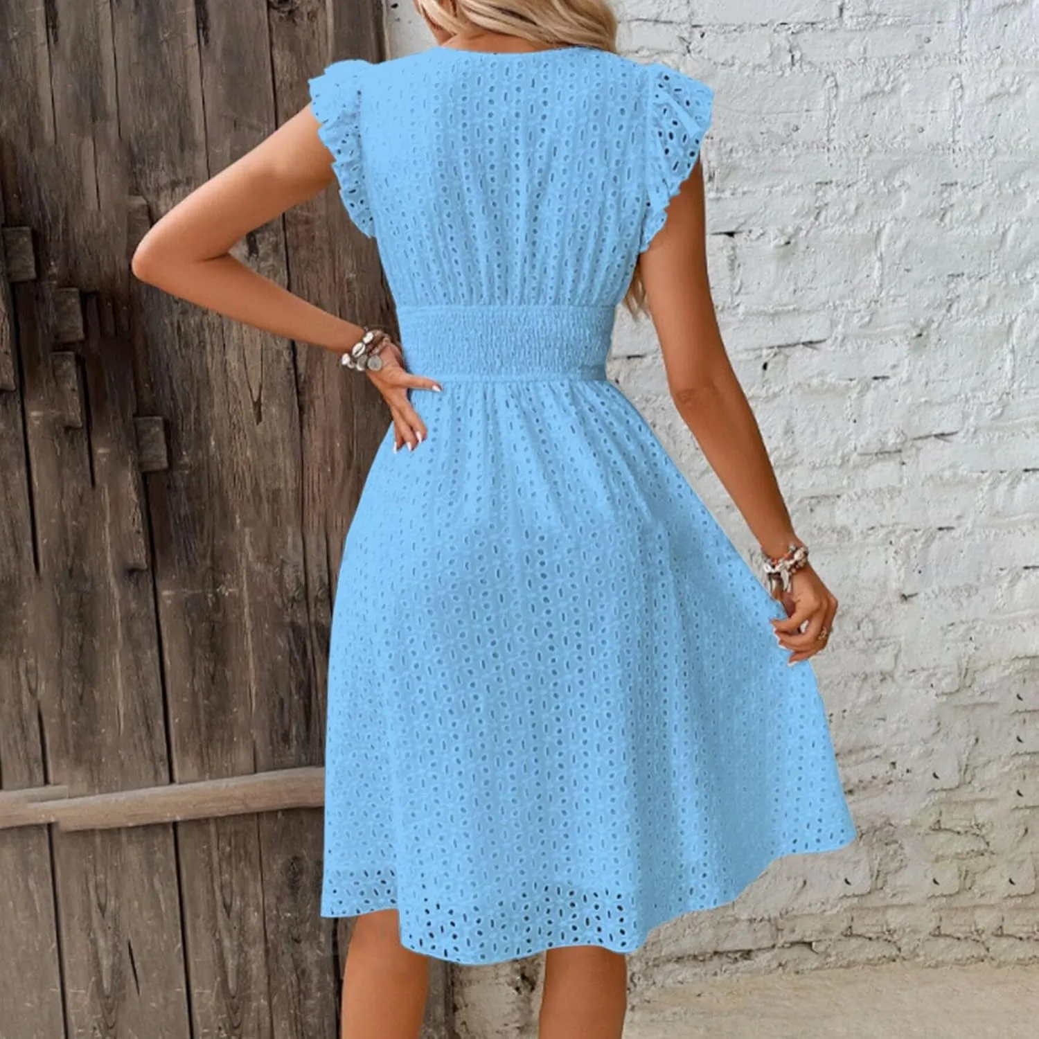 Women's 2025 Eyelet Lace Embroidery Smocked Waist Party Dresses Sexy Flutter Sleeve A Line Midi Long Summer Sundress