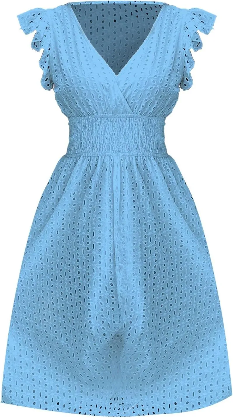 Women's 2025 Eyelet Lace Embroidery Smocked Waist Party Dresses Sexy Flutter Sleeve A Line Midi Long Summer Sundress