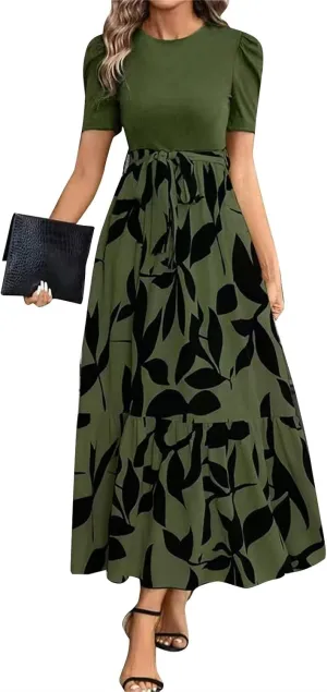 Womens 2025 Floral Printed Maxi Dress Casual Long Flowy Dresses Ruffle Short Sleeve Summer Dresses with Pockets
