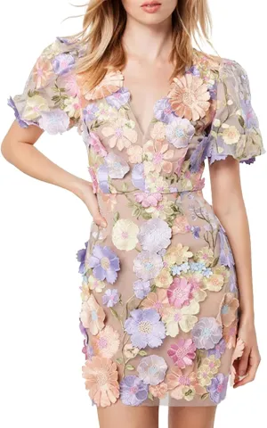 Women's 3D Floral Embroidery Dress Ruffle Sleeve Deep V Lace Bodycon Party Cocktail Mini Dress(Blue-L)