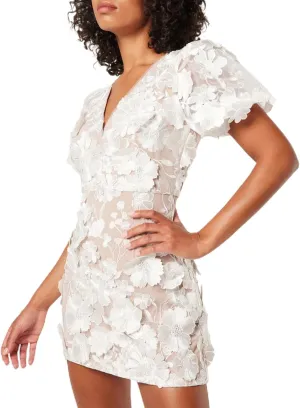 Women's 3D Floral Embroidery Dress Ruffle Sleeve Deep V Lace Bodycon Party Cocktail Mini Dress(White-L)