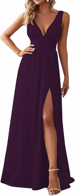 Women's A Line Chiffon Prom Dresses with Slit Deep V Neck Bridesmaid Dress Long