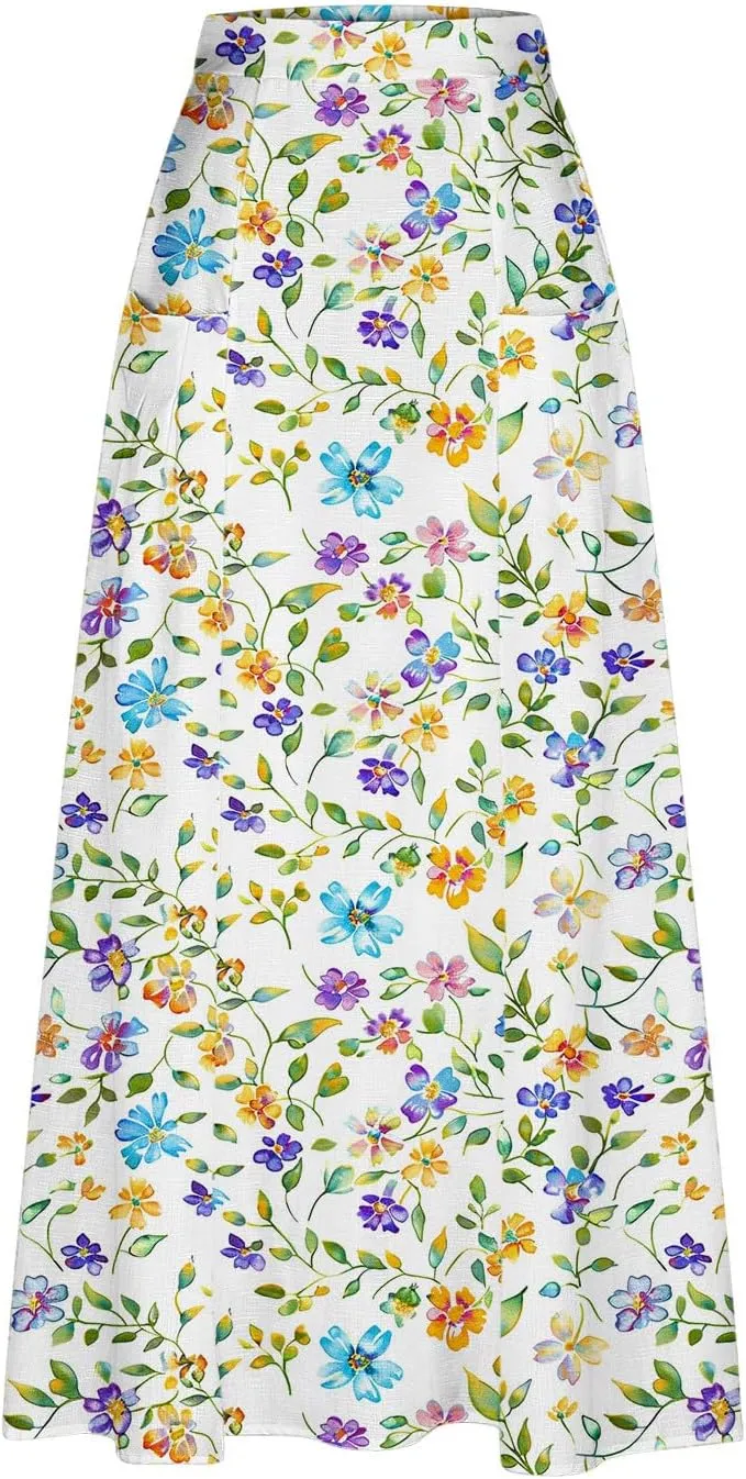Women's Boho Floral Print High Waist A Line Ruffle Pleated Flowy Midi Skirts Comfy Casual Mid Calf Half Dress