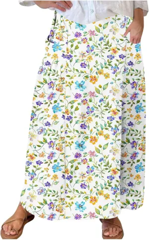 Women's Boho Floral Print High Waist A Line Ruffle Pleated Flowy Midi Skirts Comfy Casual Mid Calf Half Dress