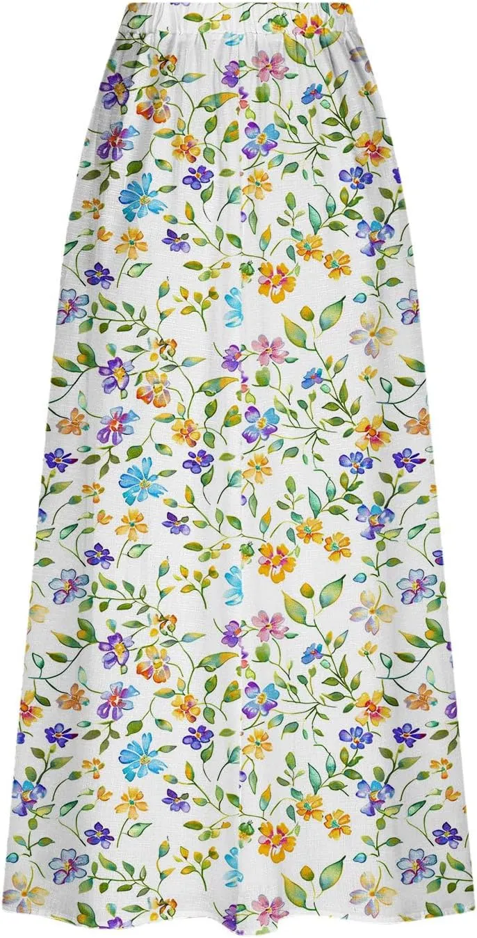 Women's Boho Floral Print High Waist A Line Ruffle Pleated Flowy Midi Skirts Comfy Casual Mid Calf Half Dress