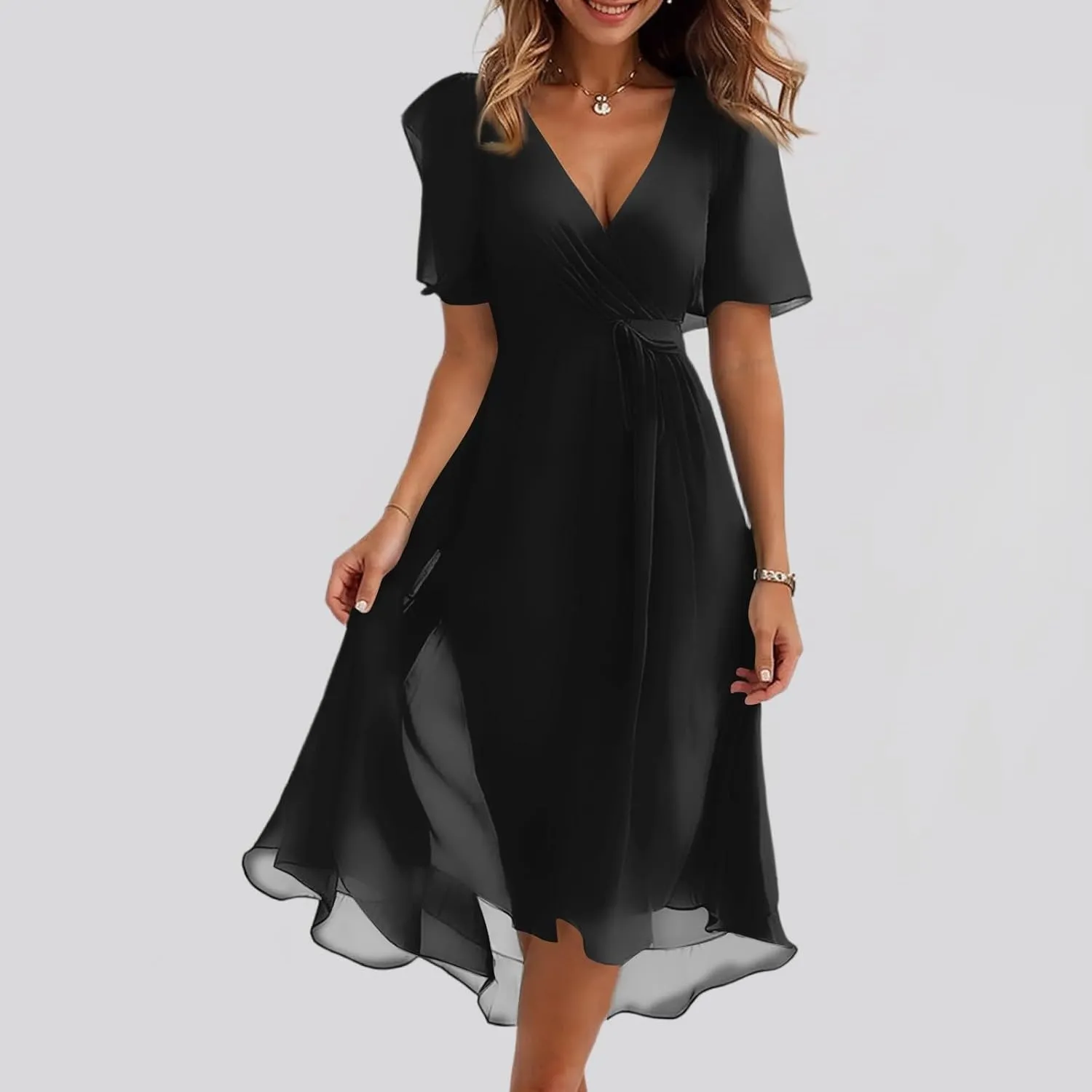 Womens Boho Floral Printed Chiffon Dresses 2025 Elegant V Neck Summer Wedding Prom Cocktail Midi Dresses