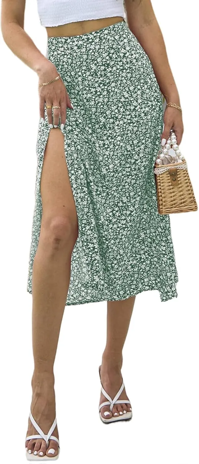 Womens Boho Leopard Print Skirts Pleated A Line Summer High Waisted Flowy Slit Midi Skirts Boho Floral Beach Skirt