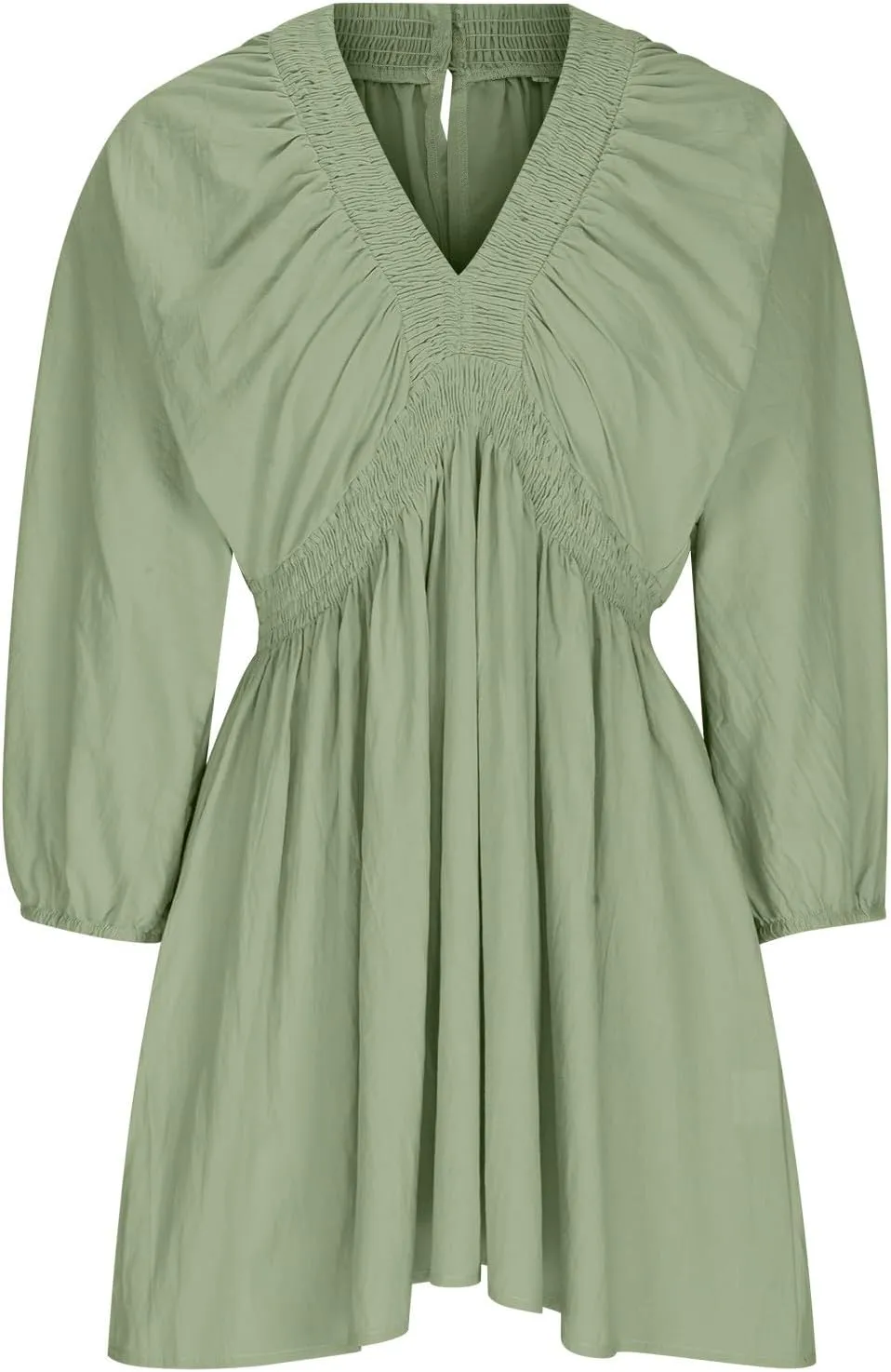 Women's Casual Deep V Neck Long Sleeve Smocked High Waist Ruffle A Line Mini Dresses Trendy Flowy Swing Pleated Dress
