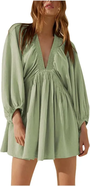 Women's Casual Deep V Neck Long Sleeve Smocked High Waist Ruffle A Line Mini Dresses Trendy Flowy Swing Pleated Dress