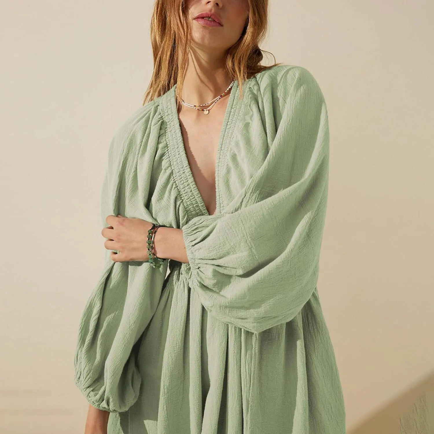 Women's Casual Deep V Neck Long Sleeve Smocked High Waist Ruffle A Line Mini Dresses Trendy Flowy Swing Pleated Dress