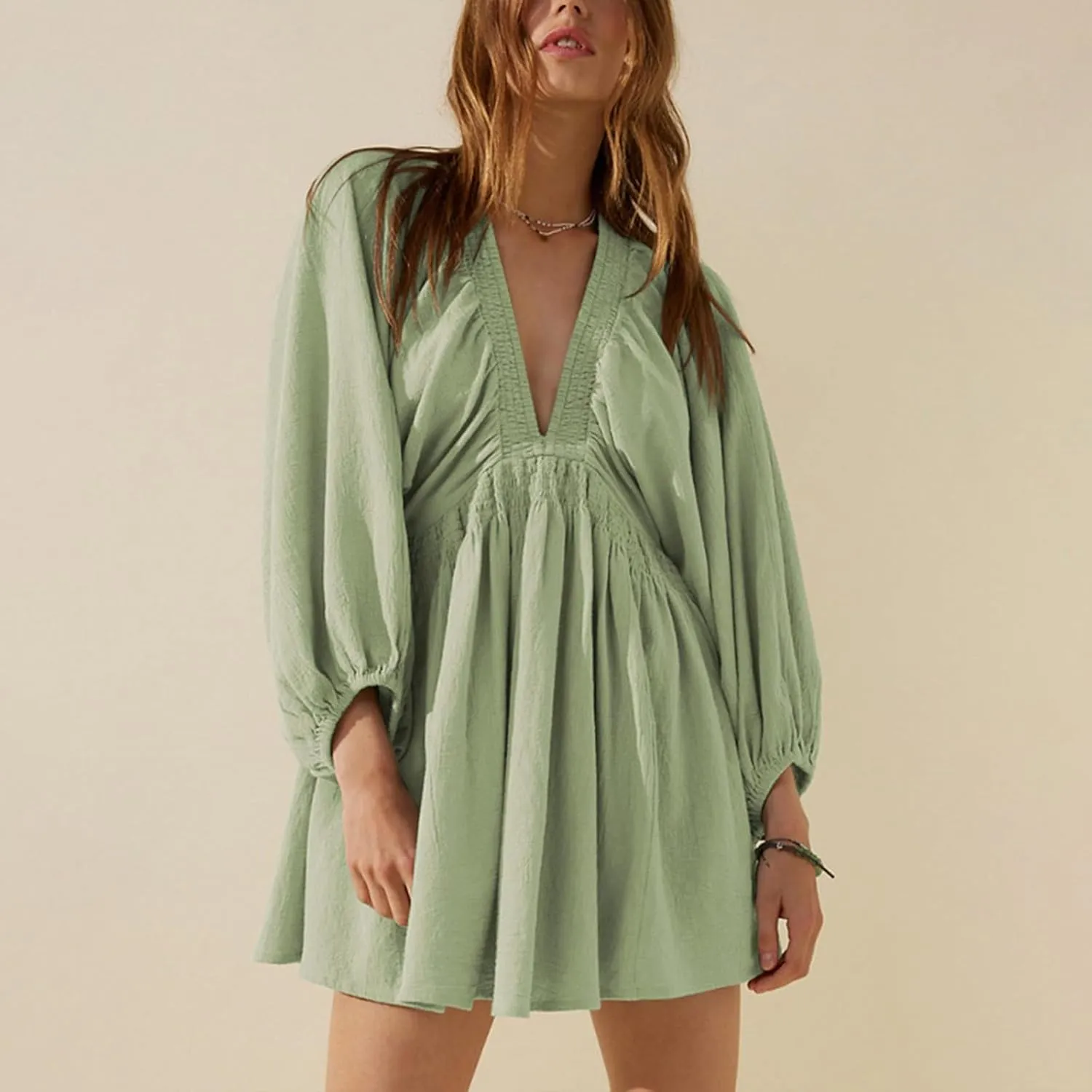 Women's Casual Deep V Neck Long Sleeve Smocked High Waist Ruffle A Line Mini Dresses Trendy Flowy Swing Pleated Dress