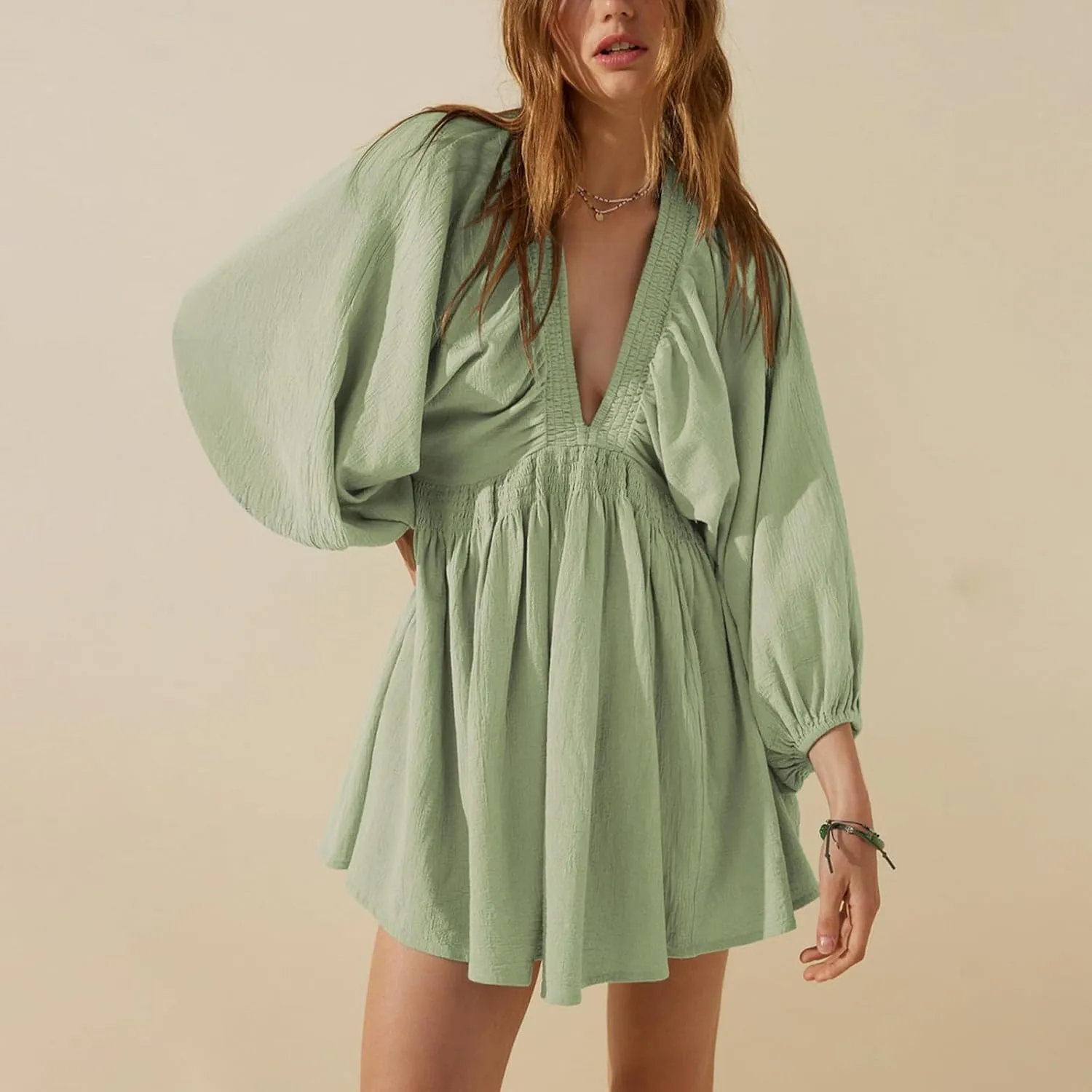 Women's Casual Deep V Neck Long Sleeve Smocked High Waist Ruffle A Line Mini Dresses Trendy Flowy Swing Pleated Dress