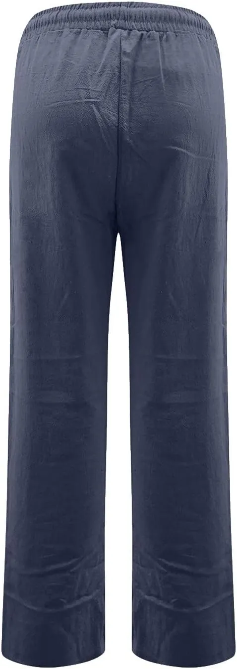 Womens Casual Linen Pants 2025 High Waist Drawstring Loose Fit Solid Summer Pants Trousers with Side Pockets