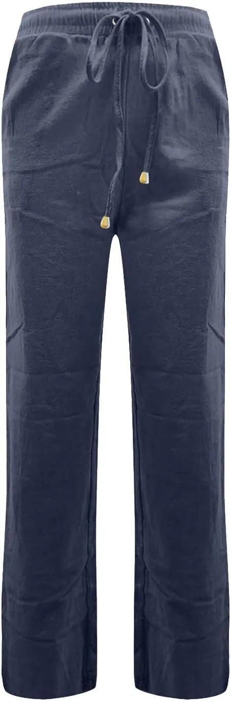 Womens Casual Linen Pants 2025 High Waist Drawstring Loose Fit Solid Summer Pants Trousers with Side Pockets