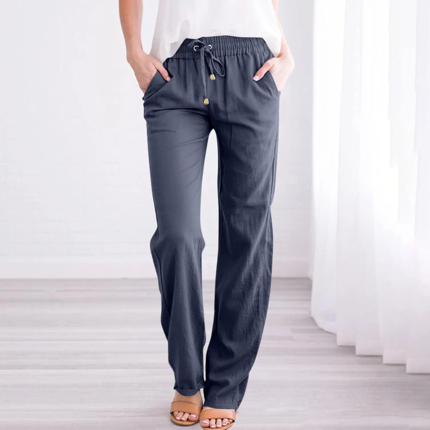 Womens Casual Linen Pants 2025 High Waist Drawstring Loose Fit Solid Summer Pants Trousers with Side Pockets