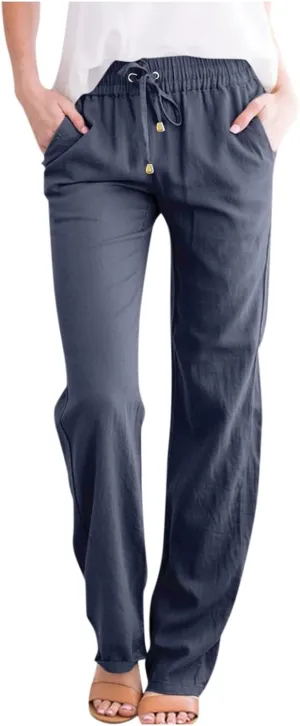 Womens Casual Linen Pants 2025 High Waist Drawstring Loose Fit Solid Summer Pants Trousers with Side Pockets