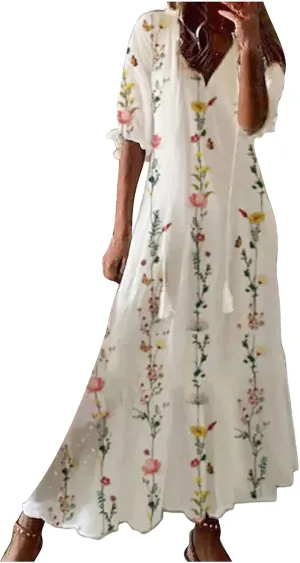 Women's Casual Loose Bohemian Floral Dresses 2024 3/4 Sleeve V Neck Ruffle A Line Flowy Summer Beach Dress