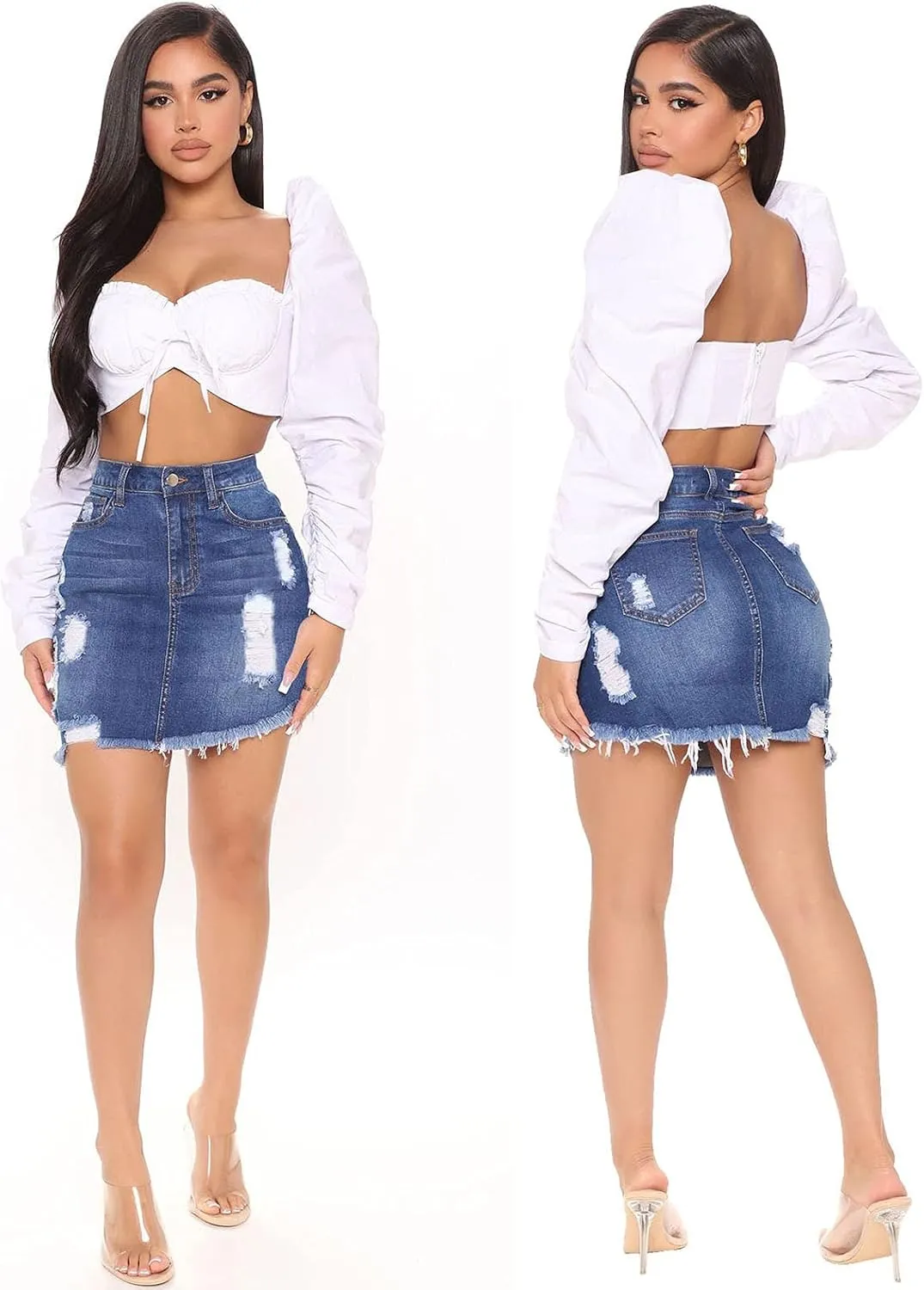 Women's Casual Ripped Jean Skirt High Waisted A-Line Button Hole Wrap Denim Jean Skirt Mini Skirt