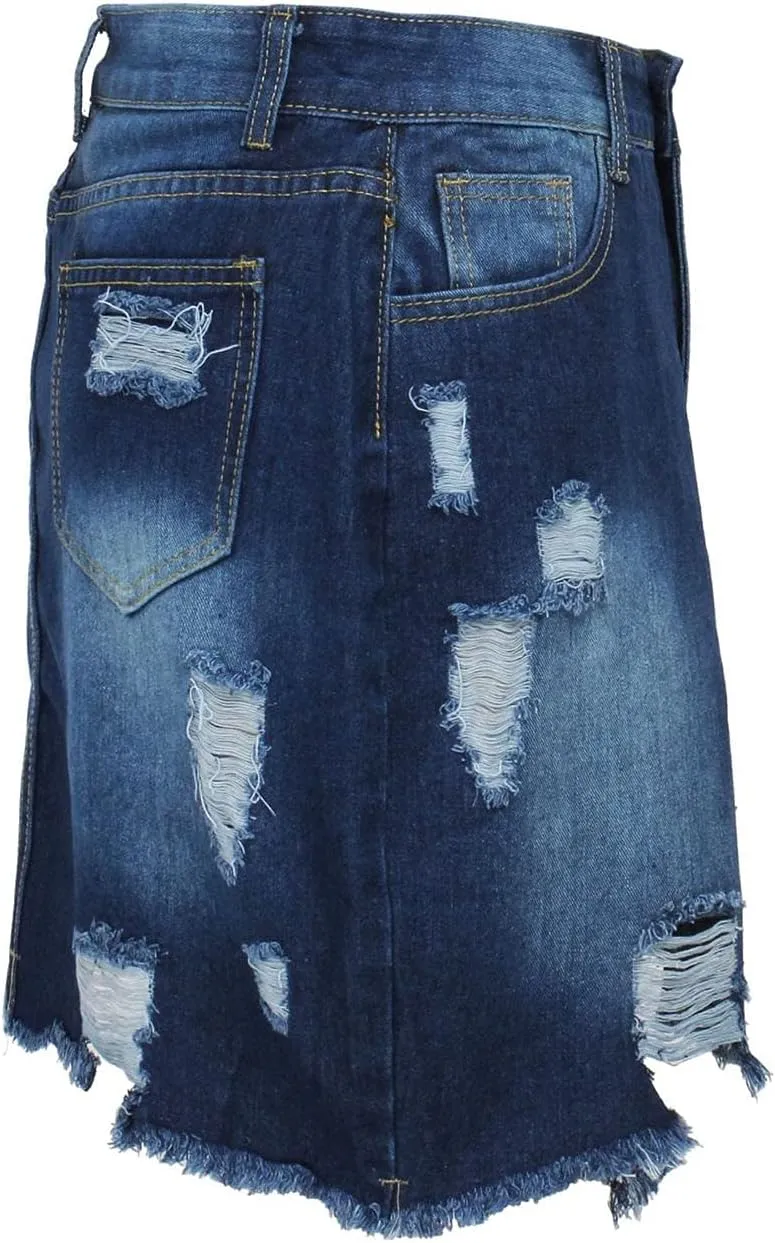 Women's Casual Ripped Jean Skirt High Waisted A-Line Button Hole Wrap Denim Jean Skirt Mini Skirt