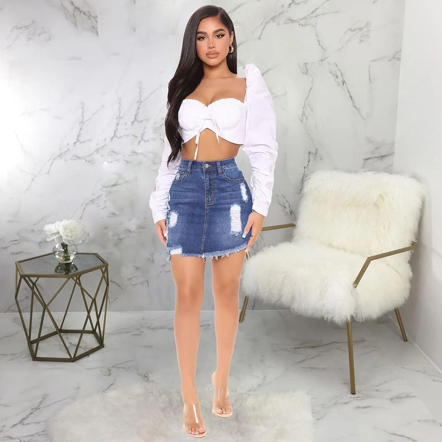 Women's Casual Ripped Jean Skirt High Waisted A-Line Button Hole Wrap Denim Jean Skirt Mini Skirt