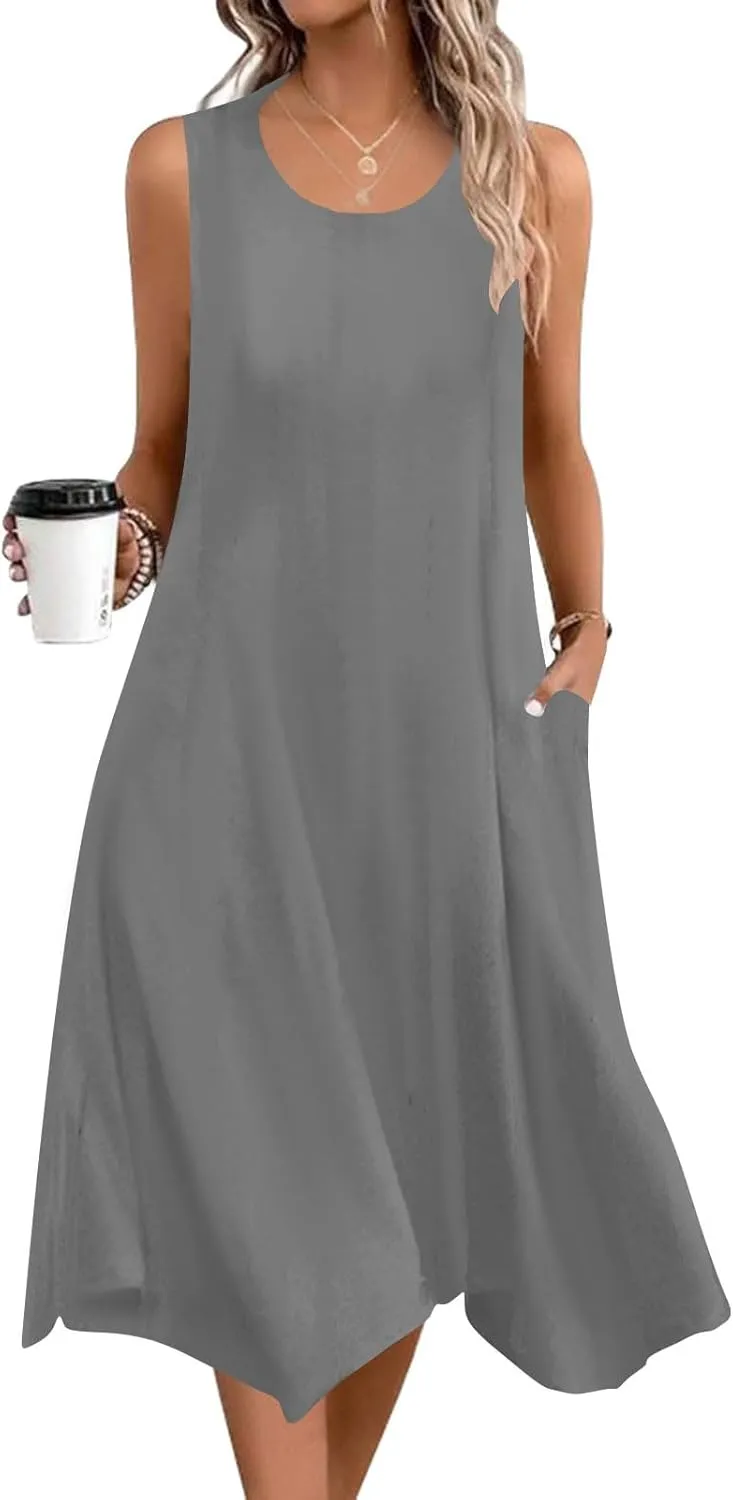 Womens Casual Summer Beach Sundresses Crewneck Sleeveless Flowy Tank Dress Aesthetic Vacation Irregular Dress Pockets