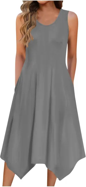 Womens Casual Summer Beach Sundresses Crewneck Sleeveless Flowy Tank Dress Aesthetic Vacation Irregular Dress Pockets