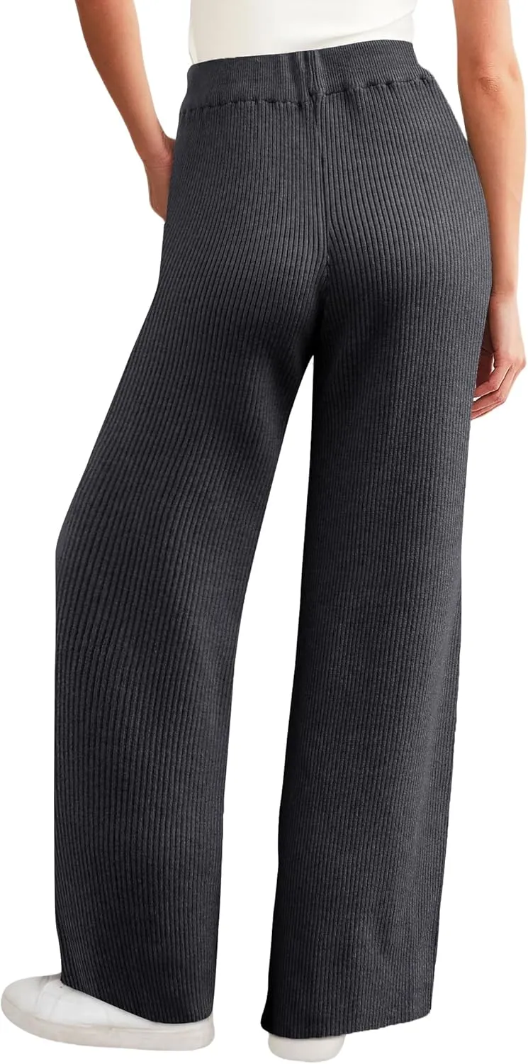 Women's Casual Wide Leg Pants Fall Winter Elastic Waist Loose Rib Knit Lounge Palazzo Trousers High Waist Sweater Pant