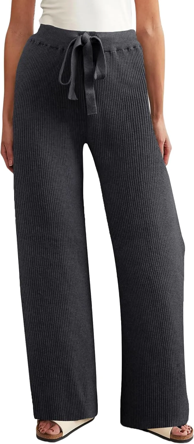 Women's Casual Wide Leg Pants Fall Winter Elastic Waist Loose Rib Knit Lounge Palazzo Trousers High Waist Sweater Pant