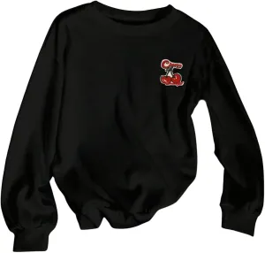 Women's Cherry Embroidery Round Neck Sweatshirt Long Sleeve Drop Shoulder Loose Pullovers