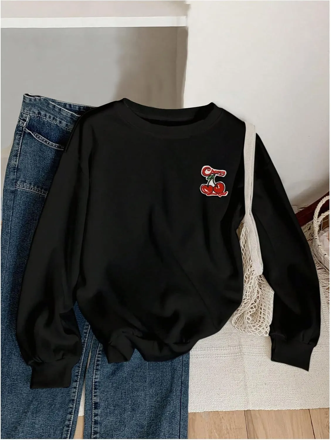 Women's Cherry Embroidery Round Neck Sweatshirt Long Sleeve Drop Shoulder Loose Pullovers