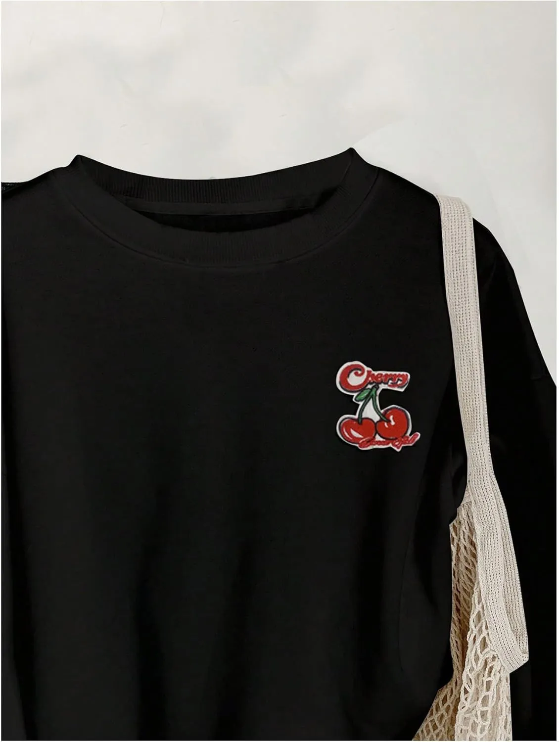 Women's Cherry Embroidery Round Neck Sweatshirt Long Sleeve Drop Shoulder Loose Pullovers
