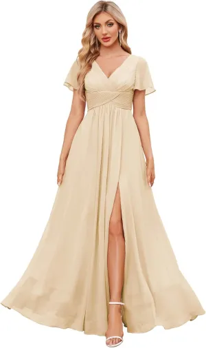 Women's Chiffon Bridesmaid Dresses with Sleeves Long Slit Formal Evening Gown