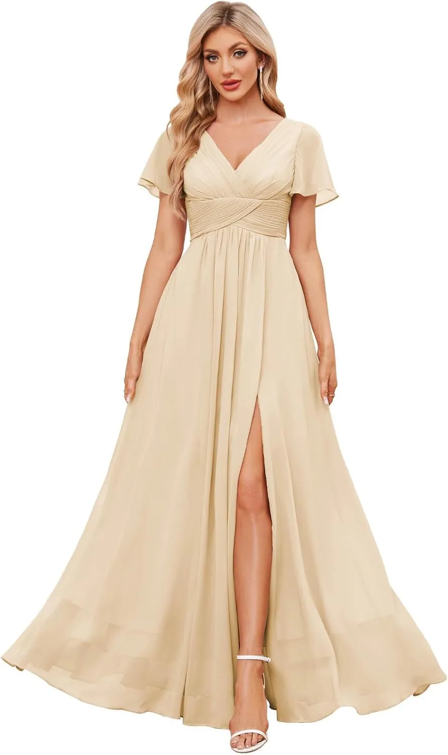 Women's Chiffon Bridesmaid Dresses with Sleeves Long Slit Formal Evening Gown