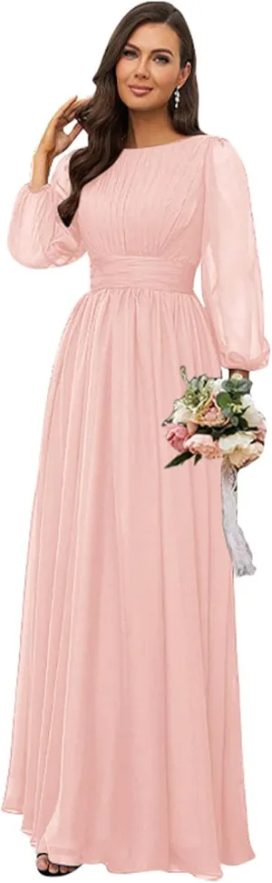 Women's Crew Neck Bridesmaid Dresses Long Sleeves Chiffon Pleated Formal Party Gown