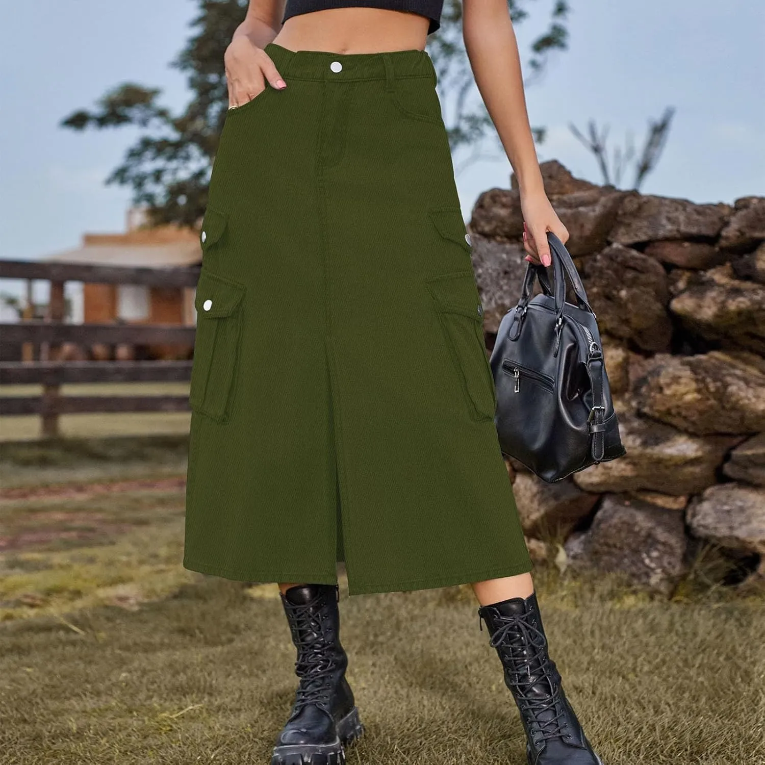 Womens Denim Long Skirts Slit Front Midi Cargo Y2k Casual Jean Skirts High Waisted Denim Jean Skirt with Pockets