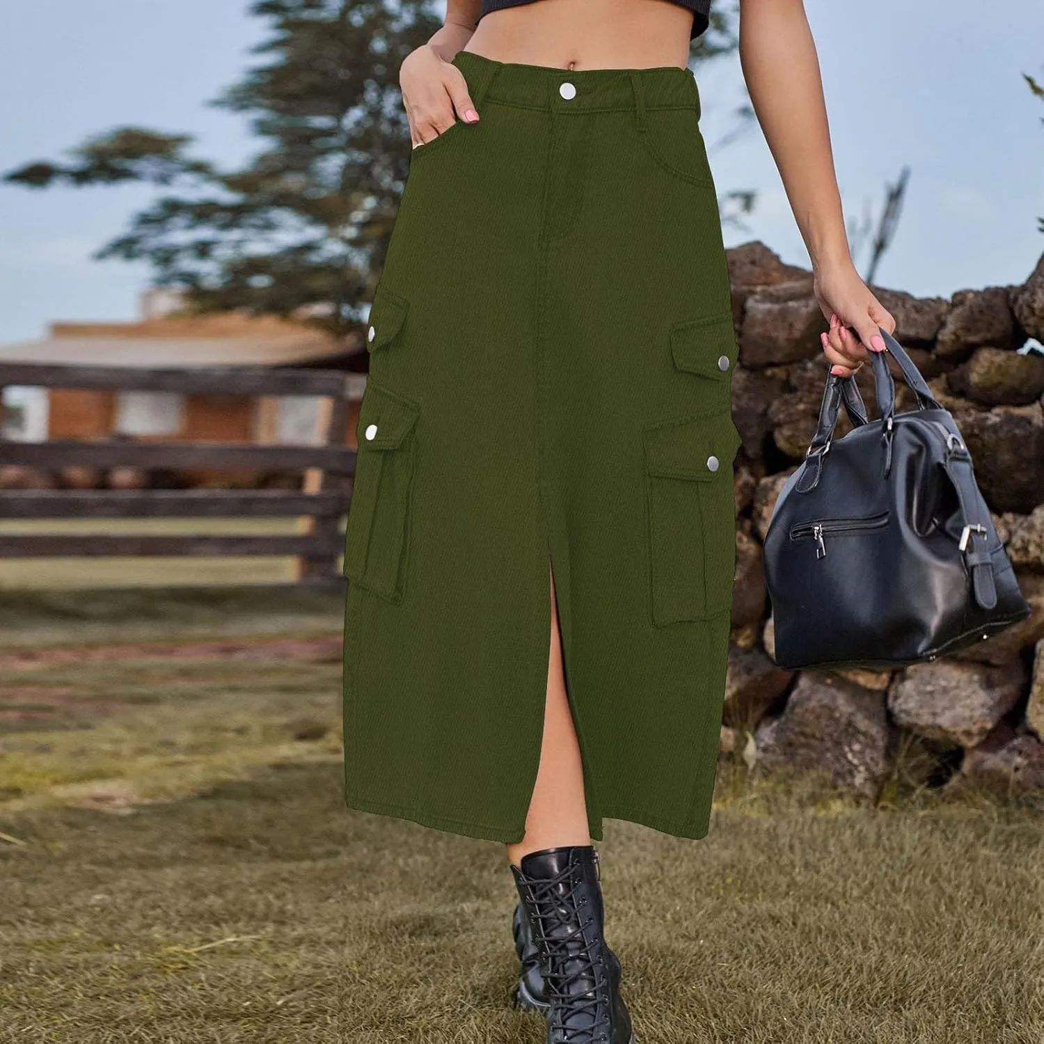 Womens Denim Long Skirts Slit Front Midi Cargo Y2k Casual Jean Skirts High Waisted Denim Jean Skirt with Pockets