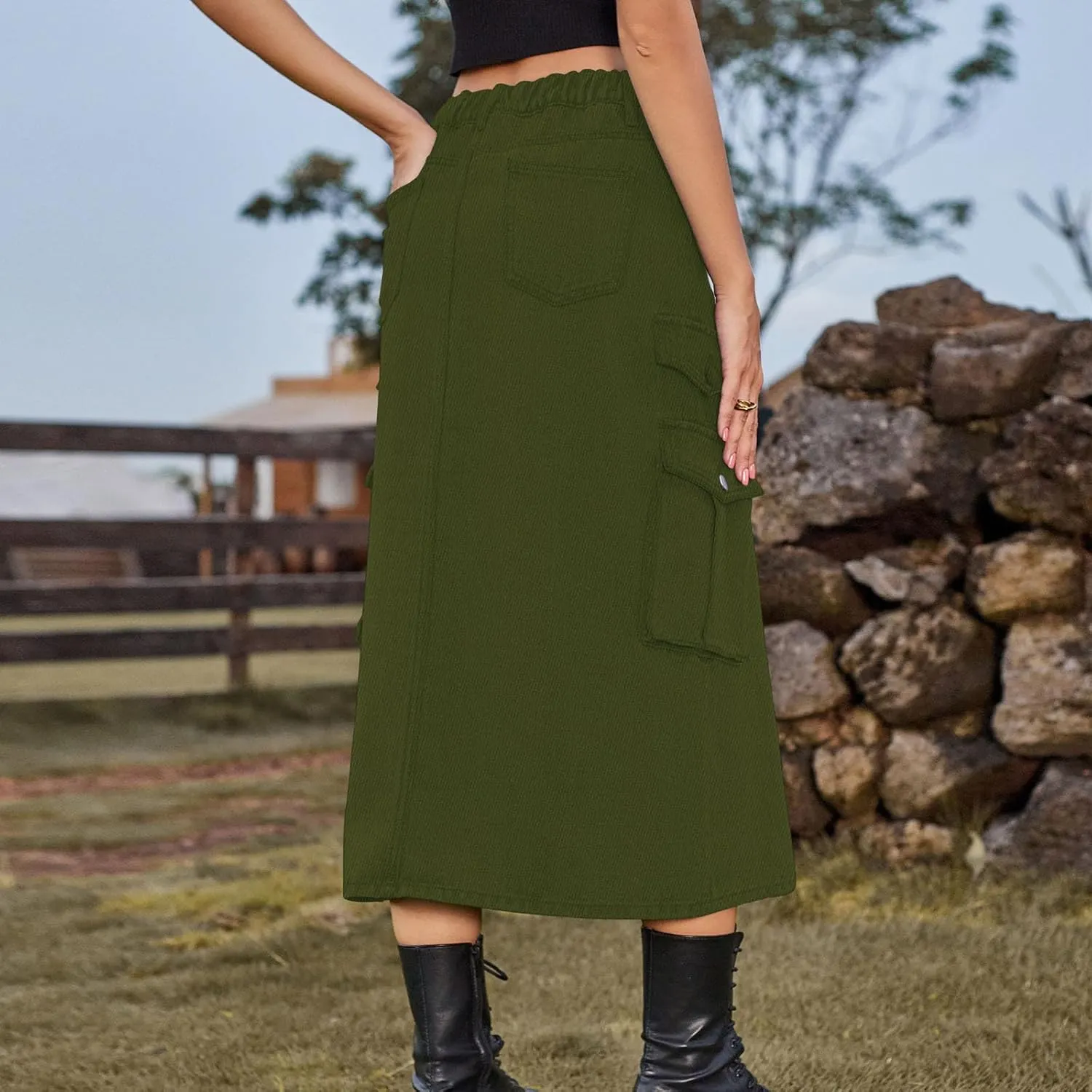 Womens Denim Long Skirts Slit Front Midi Cargo Y2k Casual Jean Skirts High Waisted Denim Jean Skirt with Pockets